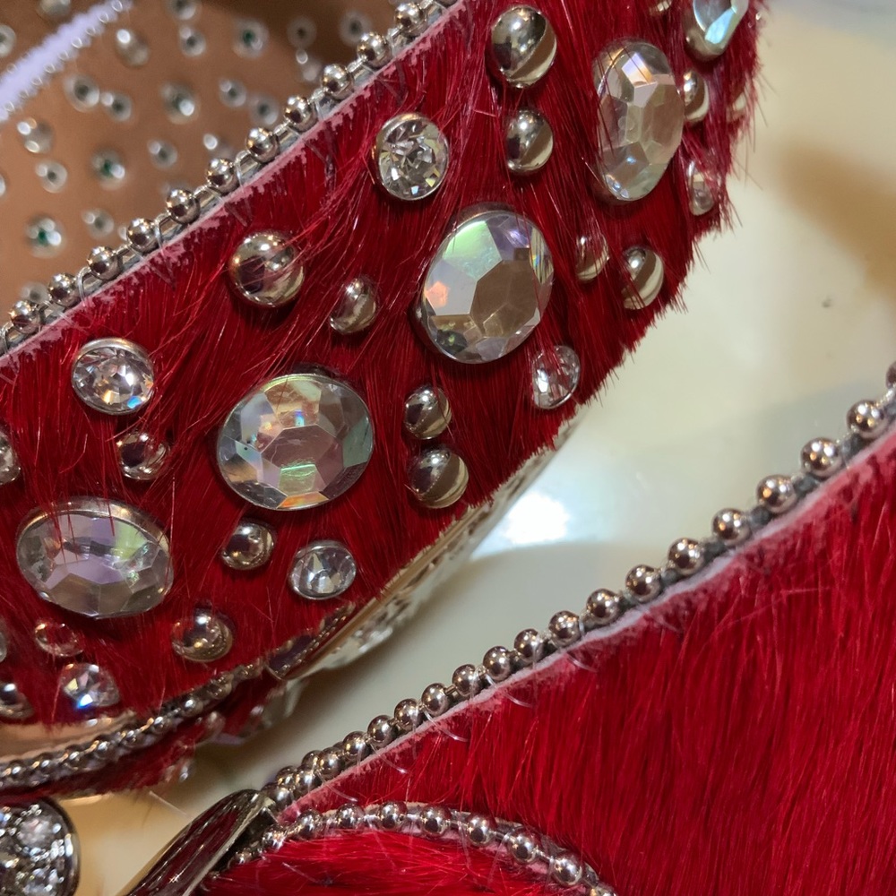 Atlas Belt Red Faux Fur Rhinestones and Studs Silver Tone #N1 - Picture 3 of 8